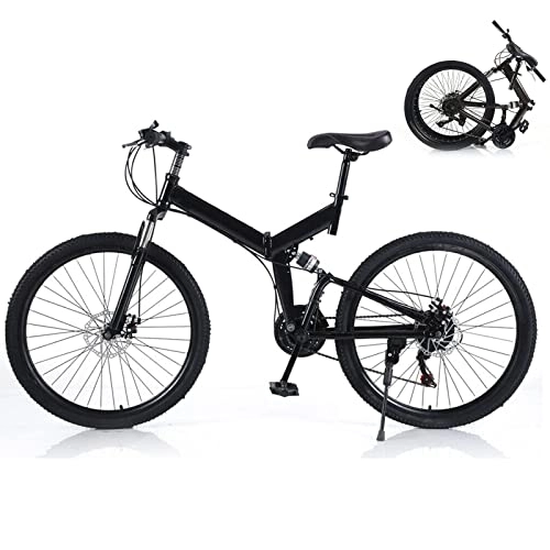 Folding Mountain Bike : Futchoy 26 Inch Folding Mountain Bike for Adults 21 Speed Mountain Trail Bike with Dual Disc Brakes Foldable Mountain Bike High-carbon Steel Frame Full Suspension Folding Bike (Black)