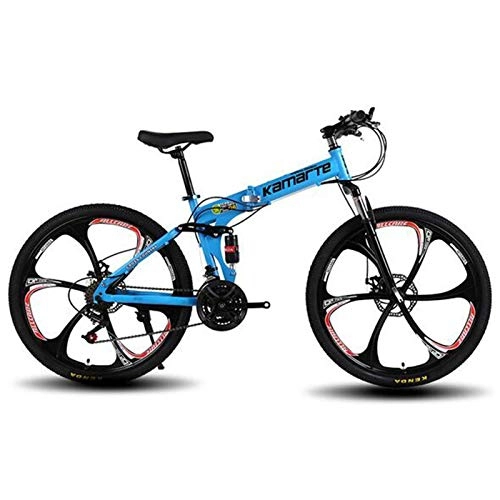 Folding Mountain Bike : Gaoyanhang 24 / 26 inch Folding bicycle, damping dual disc brakes, 21 / 24 / 27 speed carbon steel men and women sports bike mountain bike (Color : Blue, Size : 24 inch 27 s)
