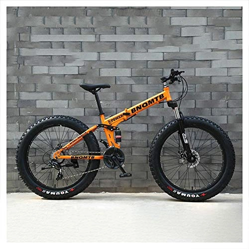 Folding Mountain Bike : giyiohok Folding Mountain Bikes with Dual-Suspension & Mechanical Disc Brakes for Adults Men Women Fat Tire Anti-Slip Mountain Bicycle High Carbon Steel-24 Inch 27 Speed_Orange