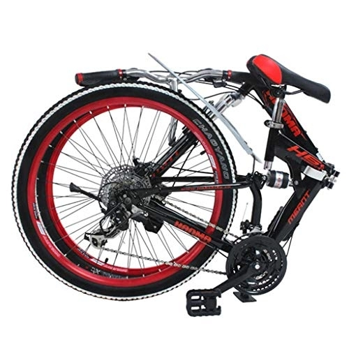 Folding Mountain Bike : GUOE-YKGM Mountain Bike for Adult Men and Women, High Carbon Steel Dual Suspension Frame Mountain Bikes, 21 Speed Gears Folding Outroad Bike With 26 Inches (Color : Red, Size : 24inch)