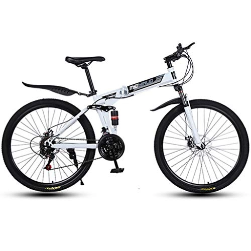 Folding Mountain Bike : GXQZCL-1 Folding Mountain Bike, Full Suspension Bicycles, Carbon Steel Frame, Dual Disc Brake, 26inch Spoke Wheels MTB Bike (Color : White, Size : 21-speed)