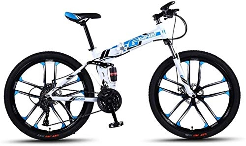 Folding Mountain Bike : HCMNME Mountain Bikes, 26 inch folding mountain bike double shock absorber racing off-road variable speed bike ten cutter wheels Alloy frame with Disc Brakes (Color : White blue, Size : 30 speed)