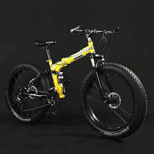 Folding Mountain Bike : HongTeng Adult Mountain Bikes, Foldable Frame Fat Tire Dual-Suspension Mountain Bicycle, High-carbon Steel Frame, All Terrain Mountain Bike (Color : 20" Yellow, Size : 30 Speed)