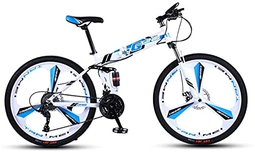 Folding Mountain Bike : HUAQINEI Mountain Bikes, 24 inch folding mountain bike double shock absorber racing off-road variable speed bicycle three-wheel Alloy frame with Disc Brakes (Color : White blue, Size : 24 speed)