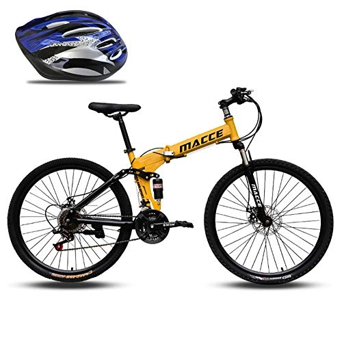Folding Mountain Bike : JACK'S CAT Folding Mountain Bike, 21 Speed 26 Inches Spoke Wheels Dual Disc Brake High-Carbon Steel MTB Bicycle Urban Track Bike, With Free Riding Helmet, Yellow, 26in