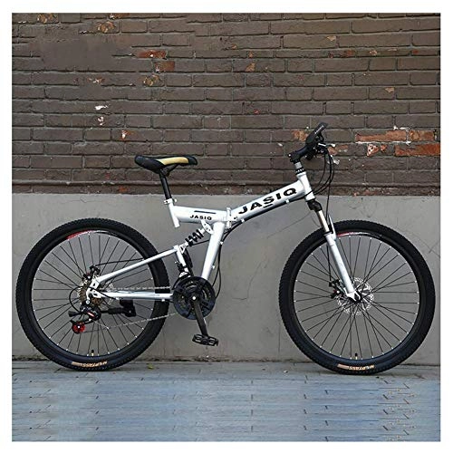 Folding Mountain Bike : JF-XUAN Outdoor sports 26" Mountain Bike 27 Speed Shift High Carbon Steel Folding Frame Shock Absorption OffRoad Wheels Mountain Bicycle with Double Disc Brake (Color : Silver)