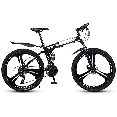 Folding Mountain Bike : JF-XUAN Outdoor sports Folding Mountain Bike 21 Speed Full Suspension Double Disc Brake Bicycle 26" Mens High Carbon Steel Frames (Color : Black)
