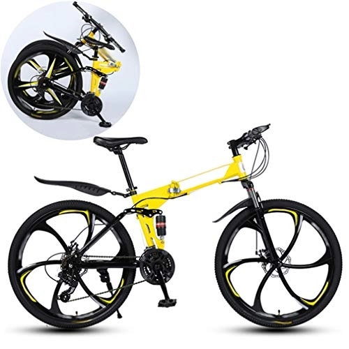 Folding Mountain Bike : JFSKD Mountain Bikes, Folding High Carbon Steel Frame 26 Inch Variable Speed Double Shock Absorption Six Cutter Wheels Foldable Bicycle, Suitable for People with A Height of 160-185Cm, Yellow, 21 speed