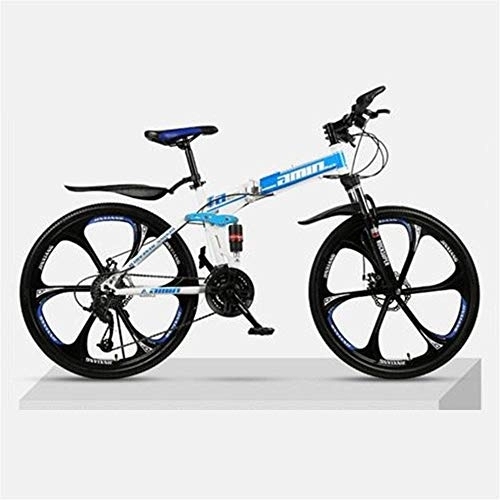 Folding Mountain Bike : JHKGY Folding Mountain Bike Bicycle, Mountain Bike for Adult Men And Women, High Carbon Steel Dual Suspension Frame Mountain Bike, Gears Folding Outroad Bike with 6-Spoke Rims, blue, 26 inch 30 speed