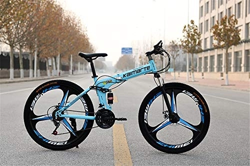 Folding Mountain Bike : JHKGY Outroad Mountain Bike Folding Bike, Dual Disc Brakes Full Suspension Non-Slip Mountain Bike, 3-Spoke Rims Folding Outroad Bike, Mountain Bike for Adult Men And Women, sky blue, 26 inch 21 speed