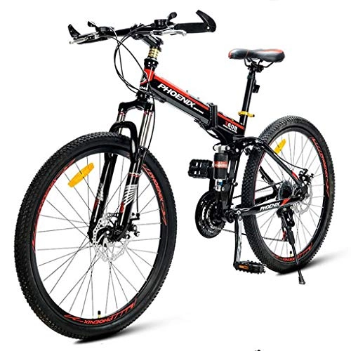 Folding Mountain Bike : JLFSDB Mountain Bike, 26" Foldable Women / Men Ravine Bike 21 Speeds MTB Carbon Steel Frame Disc Brake Full Suspension (Color : Red)