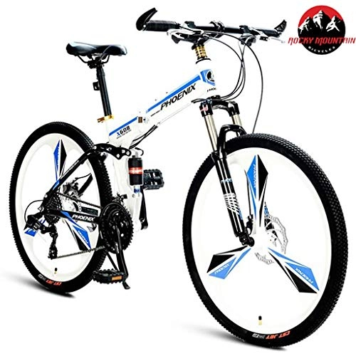 Folding Mountain Bike : JLFSDB Mountain Bike, 26 Inch Foldable Bicycles 24 Speeds MTB Lightweight Carbon Steel Frame Disc Brake Full Suspension (Color : White)