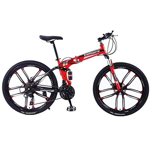 Folding Mountain Bike : JLFSDB Mountain Bike 26Women / Men Mountain Bicycle 21 / 24 / 27 Speeds Foldable Carbon Steel Frame Full Suspension Integral Wheel (Color : Red, Size : 24speed)