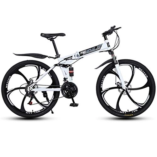 Folding Mountain Bike : JLFSDB Mountain Bike, Foldable Bicycles, Carbon Steel Frame, Dual Suspension And Dual Disc Brake, MTB Bike, 26inch Wheels (Color : White, Size : 21-speed)