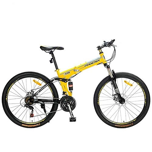 Folding Mountain Bike : JLFSDB Mountain Bike, Foldable Unisex Mountain Bicycles, Carbon Steel Frame, Dual Suspension Dual Disc Brake, 26 Inch Wheel, 21 Speed (Color : Yellow)