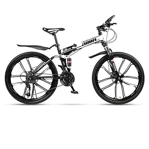 Folding Mountain Bike : JLFSDB Mountain Bike, Folding Men / Women Hardtail Bike, Carbon Steel Frame Full Suspension Dual Disc Brake, 26 Inch Wheels (Color : White, Size : 21 Speed)