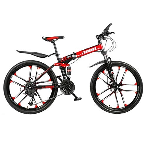 Folding Mountain Bike : JXXU 26 Inch Men's Folding Mountain Bikes, High-carbon Steel Hardtail Mountain Bike, Mountain Bicycle With Front Suspension Adjustable Seat, 21 Speed(Color:red, Size:10cutter wheel)