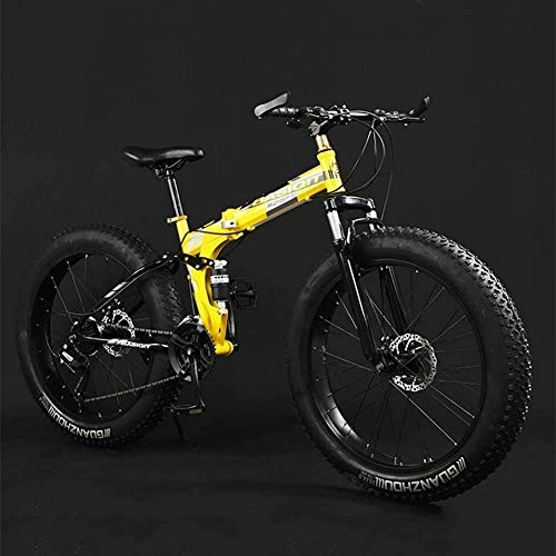 Folding Mountain Bike : kaige Adult Mountain Bikes, Foldable Frame Fat Tire Dual-Suspension Mountain Bicycle, High-carbon Steel Frame, All Terrain Mountain Bike, 26" WKY (Color : 24" Yellow, Size : 21 Speed)