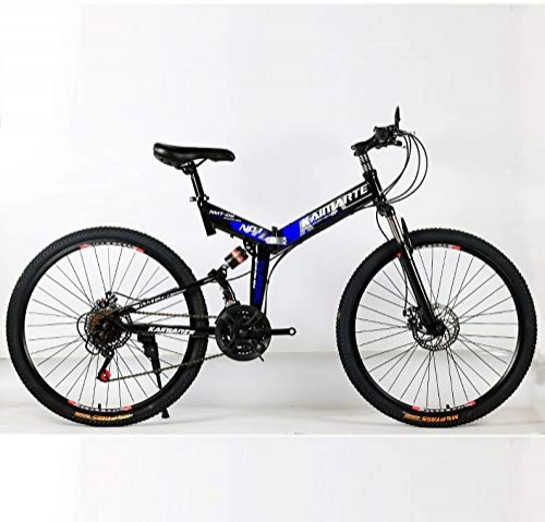 Folding Mountain Bike : KASIQIWA Mountain Speed Folding Bike, 26 Inch Wheel Front and Rear Shock Absorbing Dual Disc Brake Carbon Steel Off-road Bicycle, Blue, spokewheel