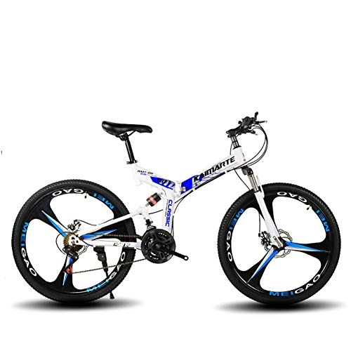 Folding Mountain Bike : KASIQIWA Mountain Speed Folding Bike, 26 Inch Wheel Front and Rear Shock Absorbing Dual Disc Brake Carbon Steel Off-road Bicycle, Blue, Threeknifewheel