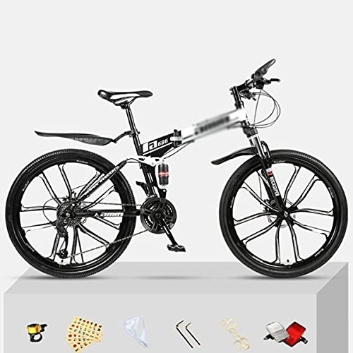Folding Mountain Bike : Kays 26" All-Terrain Mountain Bike Folding Carbon Steel Frame 21 / 24 / 27-Speed Double Disc Brake Bicycle Hydraulic Shock Absorption Bike For Adult Or Teens(Size:24 Speed, Color:White)