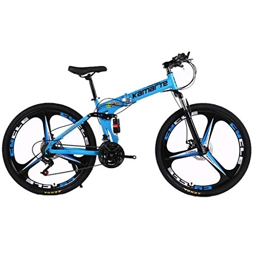 Folding Mountain Bike : Kays 26” Foldable Mountain Bicycle, Boys Bike & Men，Disc Brake, 21 / 24 / 27 Speeds, Carbon Steel Frame, Full Suspension (Color : Blue, Size : 21speed)