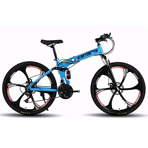 Folding Mountain Bike : Kays 26” Foldable Mountain Bicycle, Women & Men, 21 / 24 / 27 Speeds, Carbon Steel Frame, Full Suspension, Disc Brake (Color : Blue, Size : 27speed)