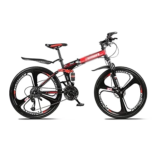 Folding Mountain Bike : Kays 26 Inch Folding Mountain Bike High Carbon Steel Full Suspension MTB Bicycle For Adult Double Disc Brake Outroad Mountain Bicycle For Men Woman Adult And Teens(Size:21 Speed, Color:Red)