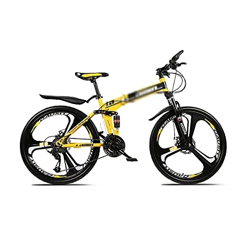 Folding Mountain Bike : Kays 26 Inch Folding Mountain Bike High Carbon Steel Full Suspension MTB Bicycle For Adult Double Disc Brake Outroad Mountain Bicycle For Men Woman Adult And Teens(Size:21 Speed, Color:Yello)
