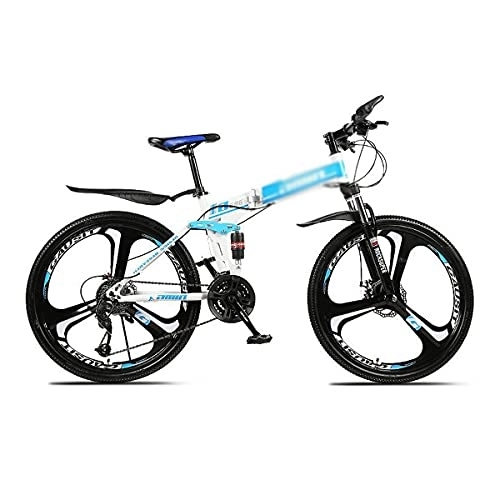 Folding Mountain Bike : Kays 26 Inch Folding Mountain Bike High Carbon Steel Full Suspension MTB Bicycle For Adult Double Disc Brake Outroad Mountain Bicycle For Men Woman Adult And Teens(Size:24 Speed, Color:Blue)