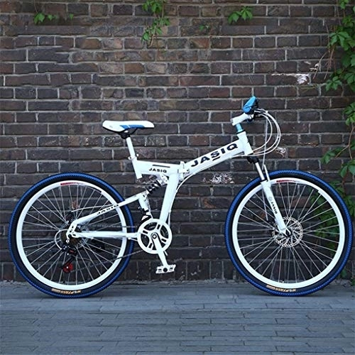 Folding Mountain Bike : Kays Mountain Bike, 26 Inch Foldable Hardtail Bike, Carbon Steel Frame, 21 Speed, Full Suspension And Dual Disc Brake (Color : White)