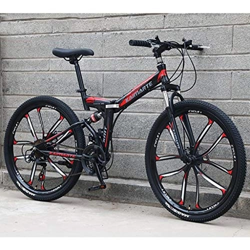 Folding Mountain Bike : Kays Mountain Bike, 26 Inch Unisex Foldable Mountain Bicycles Lightweight Carbon Steel Frame 21 / 24 / 27 Speeds Full Suspension (Color : Black, Size : 21speed)