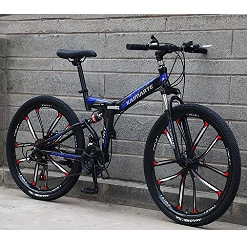 Folding Mountain Bike : Kays Mountain Bike, 26 Inch Unisex Foldable Mountain Bicycles Lightweight Carbon Steel Frame 21 / 24 / 27 Speeds Full Suspension (Color : Blue, Size : 21speed)