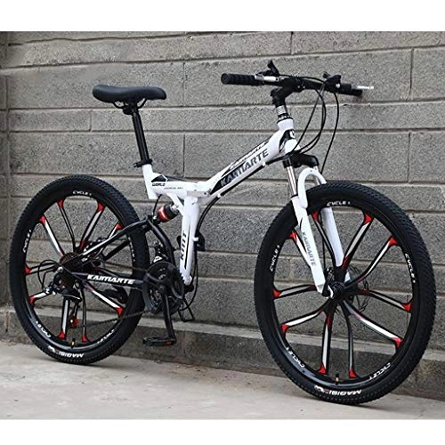 Folding Mountain Bike : Kays Mountain Bike, 26 Inch Unisex Foldable Mountain Bicycles Lightweight Carbon Steel Frame 21 / 24 / 27 Speeds Full Suspension (Color : White, Size : 21speed)