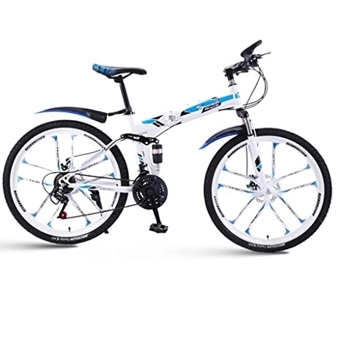 Folding Mountain Bike : KDHX Mountain Bike with 26 Inch Wheels 30 Speed Foldable Bicycle High Carbon Steel Frame Soft Tail Frame Disc Brake System for Adults and Youth (Color : White blue)