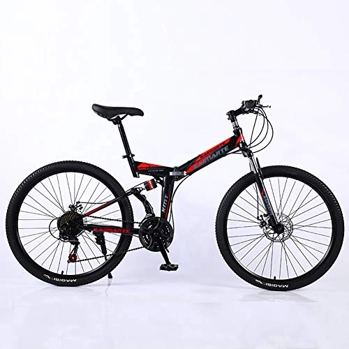 Folding Mountain Bike : KKLTDI Folding Mountain Bikes, 24 Inch Adult Mountain Bike, Steel Frame Dual Suspension Dual Disc Brakes Racing Mountain Bicycle Black And Red 24", 21-speed