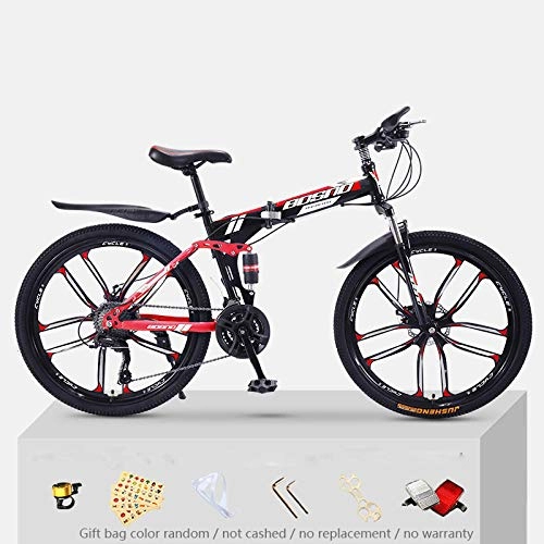 Folding Mountain Bike : KNFBOK bikes lightweight Mountain bike adult 21 speed thick steel frame folding bicycle 26 inch double shock off-road boys and girls Black and red ten-knife wheel
