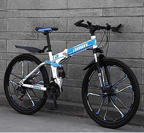 Folding Mountain Bike : KRXLL Mountain Bike Folding Bikes 26In 21-Speed Double Disc Brake Full Suspension Anti-Slip Lightweight Frame Suspension Fork-Blue