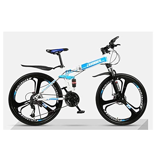 Folding Mountain Bike : KXDLR 26" 3-Spokewheels Mountain Bike Daul Disc Brakes 24 Speed Mens Bicycle Dual Suspension Bike, Blue