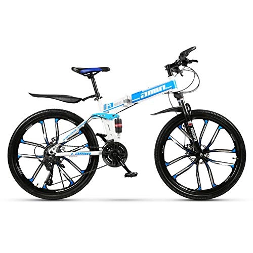 Folding Mountain Bike : KXDLR Mountain Bike / Bicycles 26'' Wheel High-Carbon Steel Frame 30 Speeds Disc Brake, 26, Blue