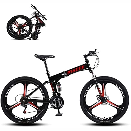 Folding Mountain Bike : LapooH 26-Inch Folding Mountain Bike Adult 21 / 24 / 27 / 30 Speed High-Carbon Steel Double Disc Brake Shock-Absorbing Off-Road Full Suspension MTB for Men / Women, Black, 21 speed