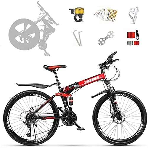 Folding Mountain Bike : LapooH Folding Mountain Bike Bicycle 26 Inch Adult with 21 / 24 / 27 / 30 Speed Dual Disc Brakes Full Suspension Non-Slip Men Women Outdoor Cycling, Red, 30 speed