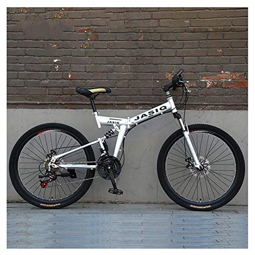 Folding Mountain Bike : LHQ-HQ Outdoor sports Dual Suspension Mountain Bike, 26" High Carbon Steel Folding Mountain Bicycle 21 Speed Mountain Bike with Double Disc Brake Outdoor sports Mountain Bike (Color : Silver)