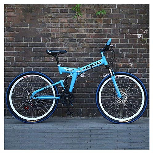Folding Mountain Bike : LHQ-HQ Outdoor sports Mountain Bike 27 Speed 26 Inches Spoke Wheels Dual Suspension Folding Bike with Double Disc Brake Outdoor sports Mountain Bike (Color : Blue)