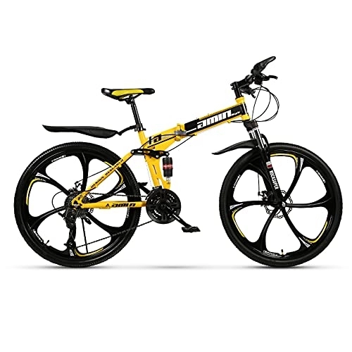 Folding Mountain Bike : LICHUXIN Foldable Mountain Bike 24 Inches, Outdoor Variable Speed Shock Absorber Mountain Bike, Dual Disc Brakes And Carbon Steel Frame, 21 / 24 / 27 / 30 Speed, Yellow B, 30 speed
