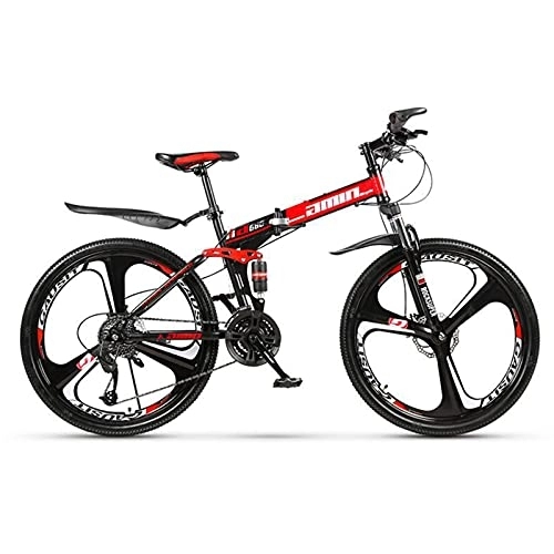 Folding Mountain Bike : LIUXR 26 inch Folding Mountain Bike, 21 / 24 / 27 Speed Full Suspension MTB Bicycle for Adult, Double Disc Brake Outroad Mountain Bicycle for Man / Woman / Teenager, Red_27 Speed