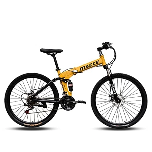Folding Mountain Bike : LIUXR 26 inch Folding Mountain Bike, 21 / 24 / 27 Speed Full Suspension MTB Bicycle for Adult, Double Disc Brake Outroad Mountain Bicycle for Man / Woman / Teenager, Yellow_21 Speed