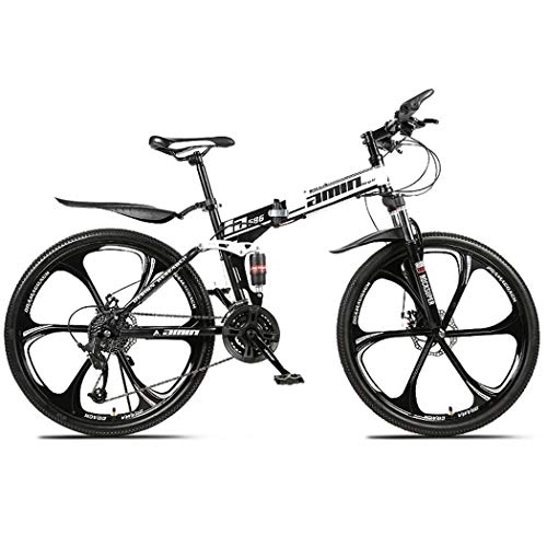 Folding Mountain Bike : LSCC Adult Mountain Bike, 26 inch Wheels, Mountain Trail Bike High Carbon Steel Outroad Folding Bicycles, 21-Speed Bicycle Full Suspension MTB ​​Gears Dual Disc Brakes Mountain Bicycle, White