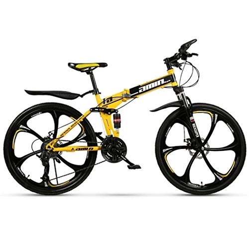 Folding Mountain Bike : LSCC Adult Mountain Bike, 26 inch Wheels, Mountain Trail Bike High Carbon Steel Outroad Folding Bicycles, 21-Speed Bicycle Full Suspension MTB ​​Gears Dual Disc Brakes Mountain Bicycle, Yellow
