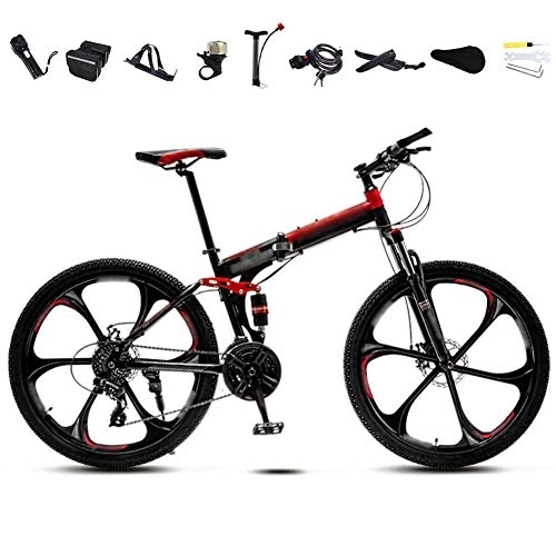 Folding Mountain Bike : LVTFCO Bike 26 Inch Unisex Folding Commuter Bike, 30-Speed Gears Foldable Mountain Bike, Off-Road Variable Speed Bikes, Double Disc Brake / Red